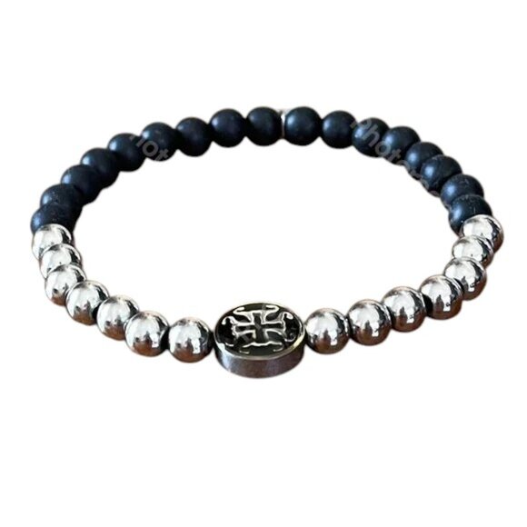 Rustic Cuff Stretch Stainless & Silicone Enamel Logo Bracelet Black & Silver - Picture 1 of 2